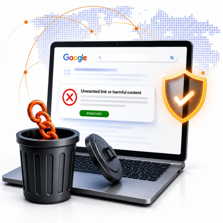 Unwanted link or harmful content in Google search results marked removed, with a shield and a bin