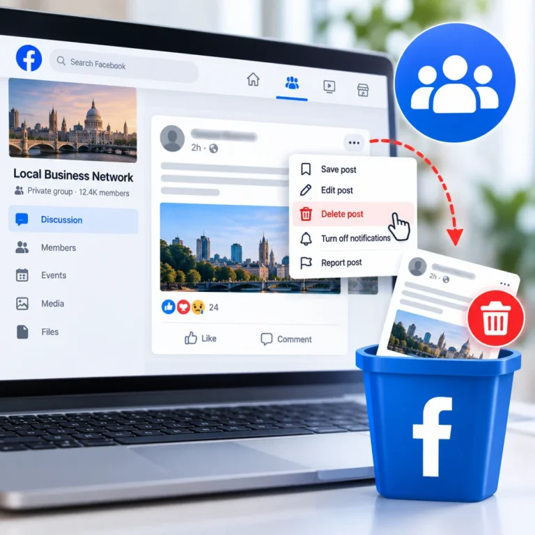 How to remove a Facebook post from a private group using the post menu, with the post removed and cleared from Google search results