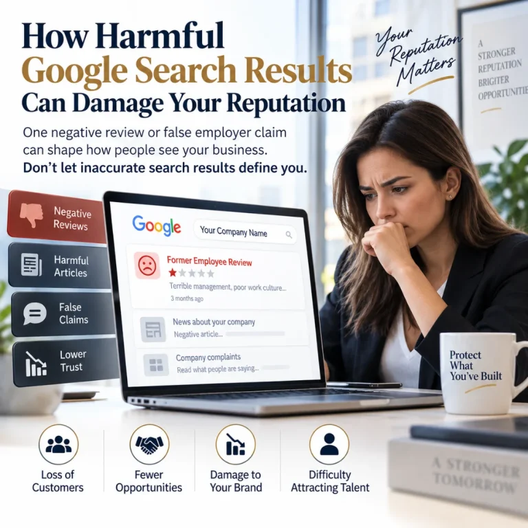 How harmful Google search results damage a company reputation — a former employee review, harmful articles and false claims ranking for a company name, causing loss of customers, fewer opportunities, brand damage and difficulty attracting talent