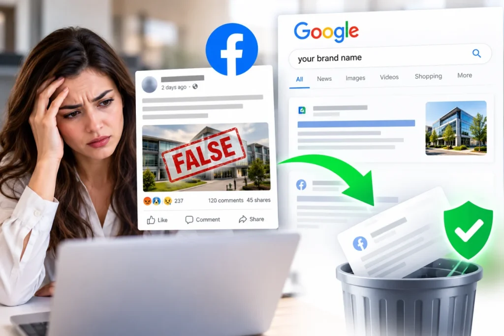A business owner reacting to a false Facebook post about her company, and the same post being removed from Google search results for her brand name
